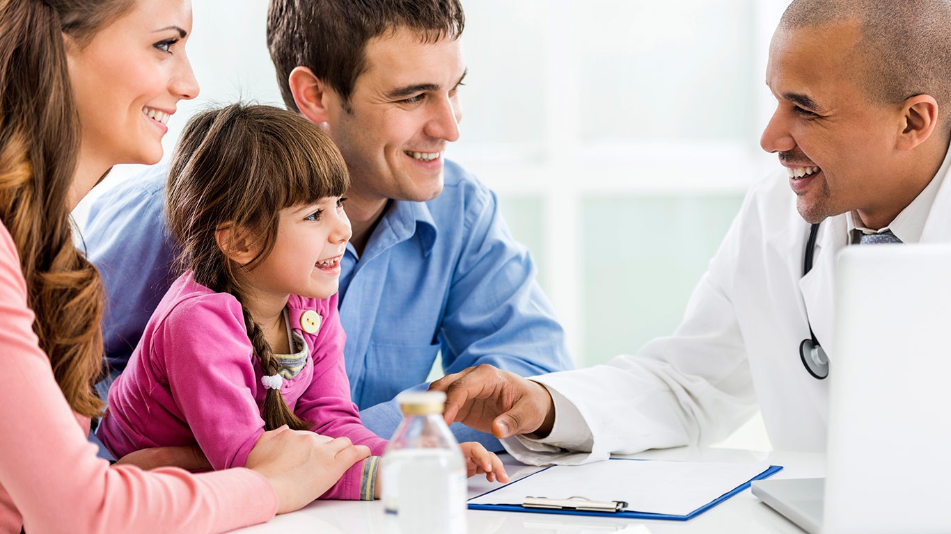 Happy father and mother with doctor meeting a doctor for consultation